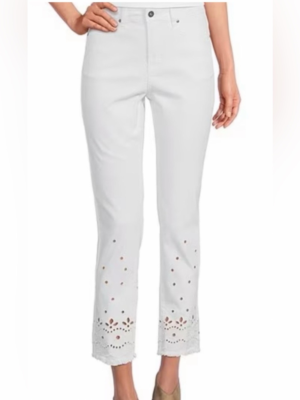 John Mark White Eyelet Cropped Jeans with Embroidered Hem size 12